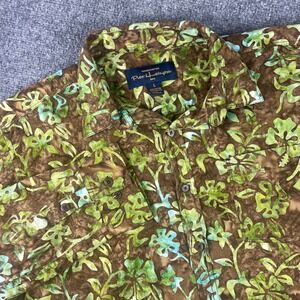 Pete Huntington Shirt Large Green Brown 100% Cotton Bali Handcrafted Floral Mens